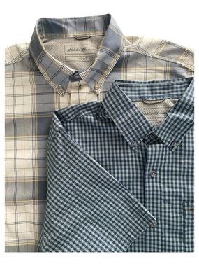 Eddie Bauer Voyager Flex Shirt Lot 2 Mens M Plaid Check Stretch Hiking Outdoor